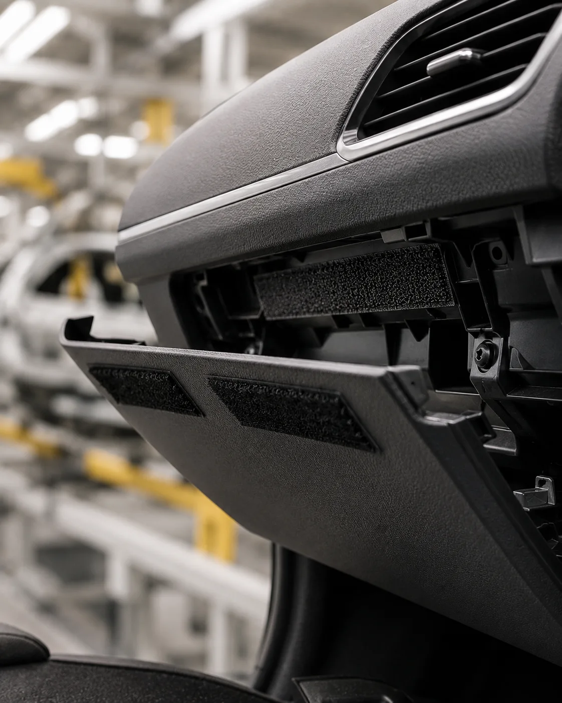 Hook and loop fastening used in automotive interior trim.